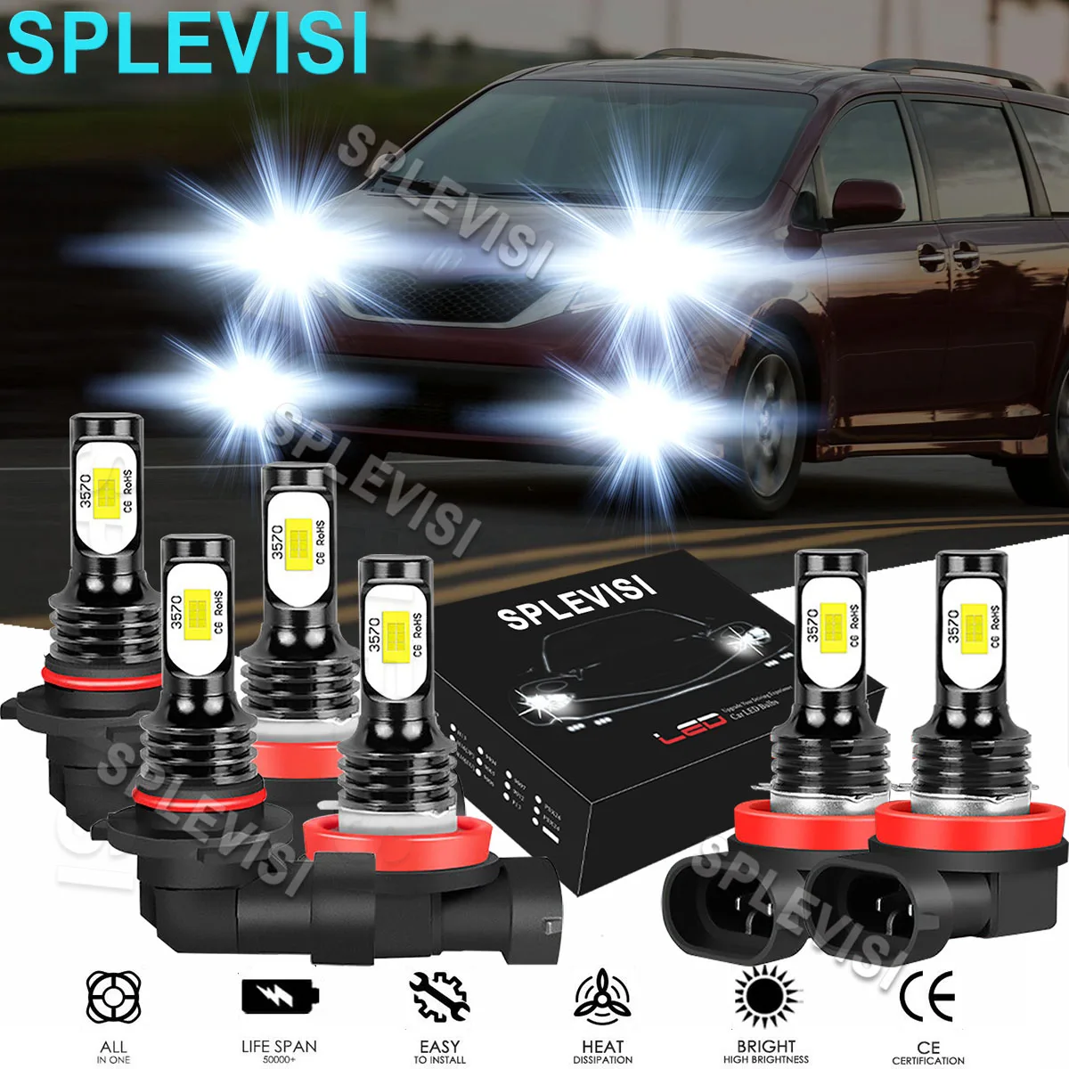 

6x LED Pure White Headlight High Low Beam Fog Light Bulbs 6000K For Toyota Sienna 2011-2020 Toyota 4Runner 2010 2011 2012-2020