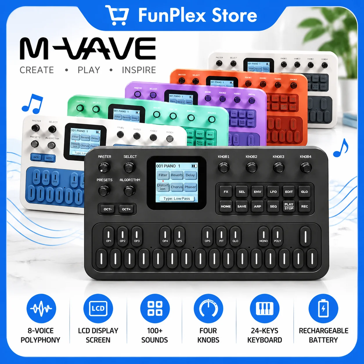 M-VAVE FM1 Mini Portable Handheld FM Synthesizer Silicone Keyboard Music Arrangement Modulation Pocket Effect Device