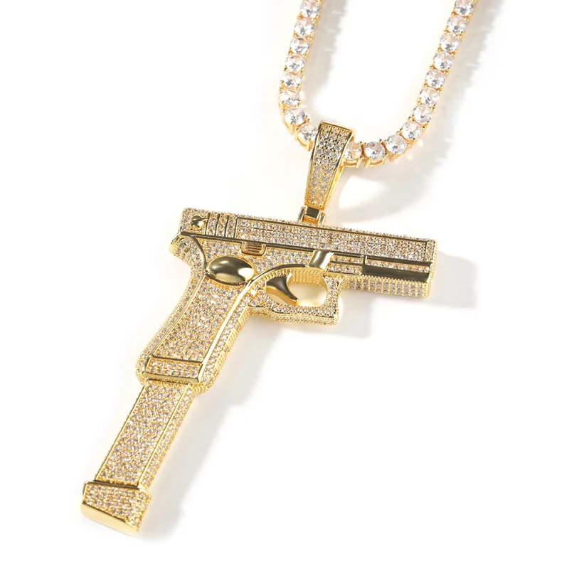 Hip Hop 5A+ CZ Stone Paved Bling Iced Out Big Gun Pendants Necklace for Men Rapper Jewelry Gold Silver Color