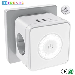 Eu Plug Multi-function power strip 2 AC power sockets 2 USB and 1 Type-C charging port Power adapter with adjustable night light
