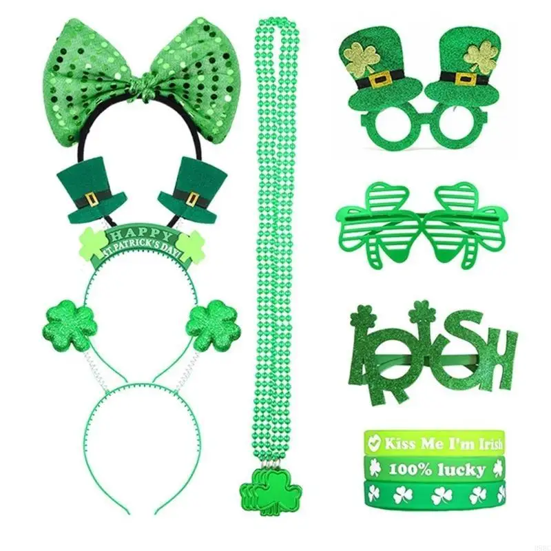 39BC Elegant Prom Party Shamrock Hairband with Bangles&Necklace&Glasses for Lady