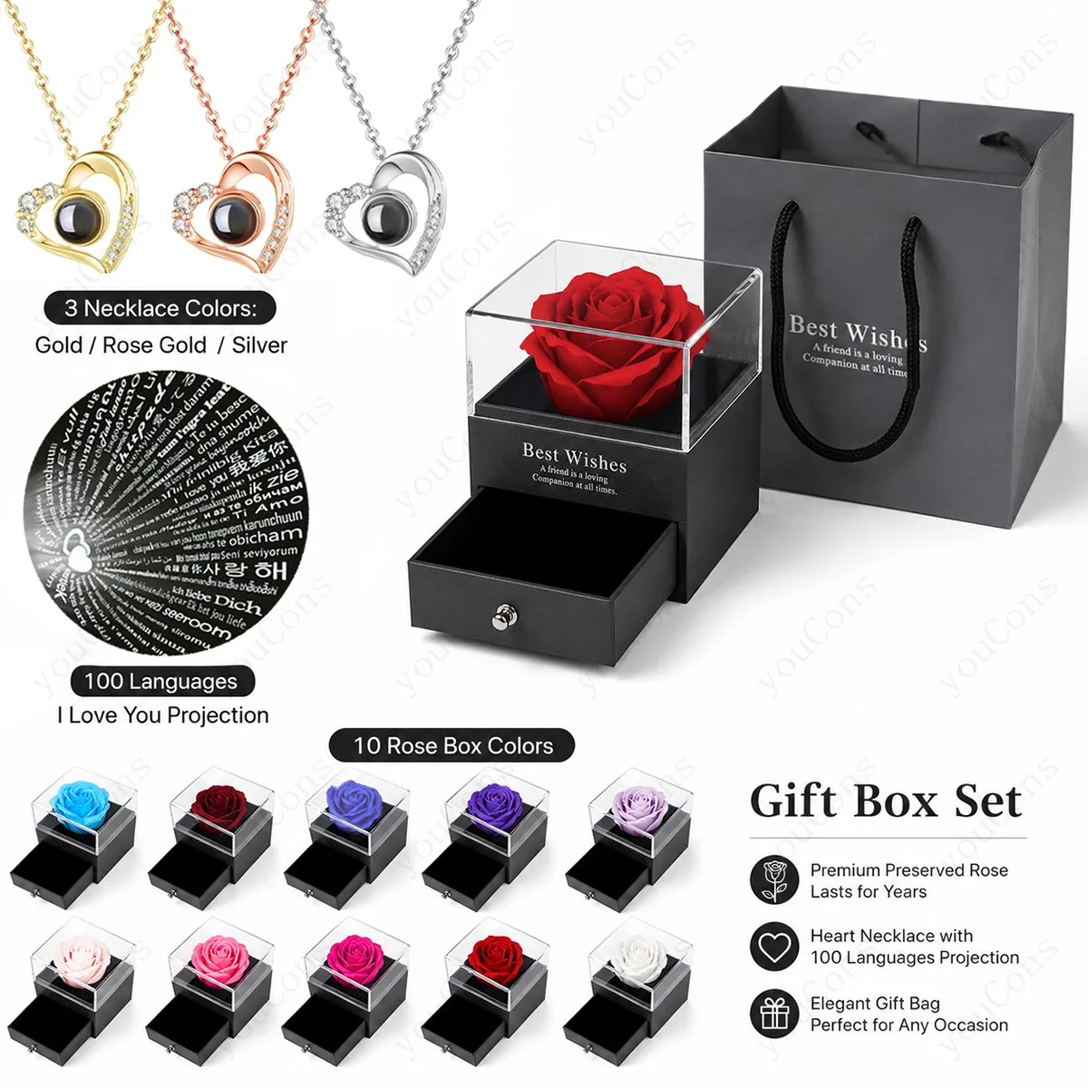 100 Languages I Love You Projection Necklace Heart Pendant With Multi Color Rose Gift Box Valentine's Day Anniversary For Women
