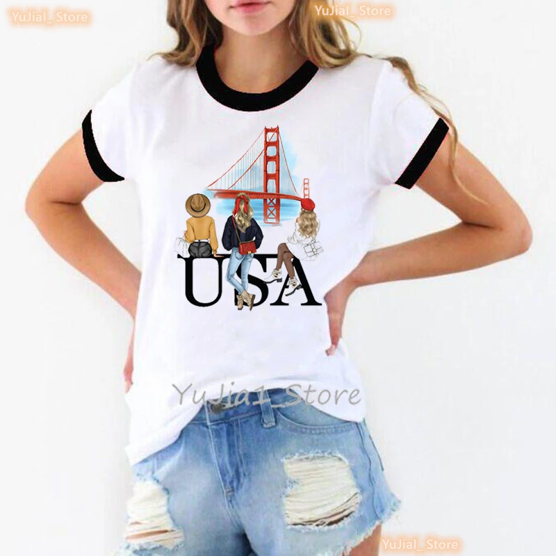

Traveling To Usa Graphic Printed Tshirt Women Paris Eiffel Tower Italy T Shirt Femme Summer Tops Short Sleeve T-Shirt Female