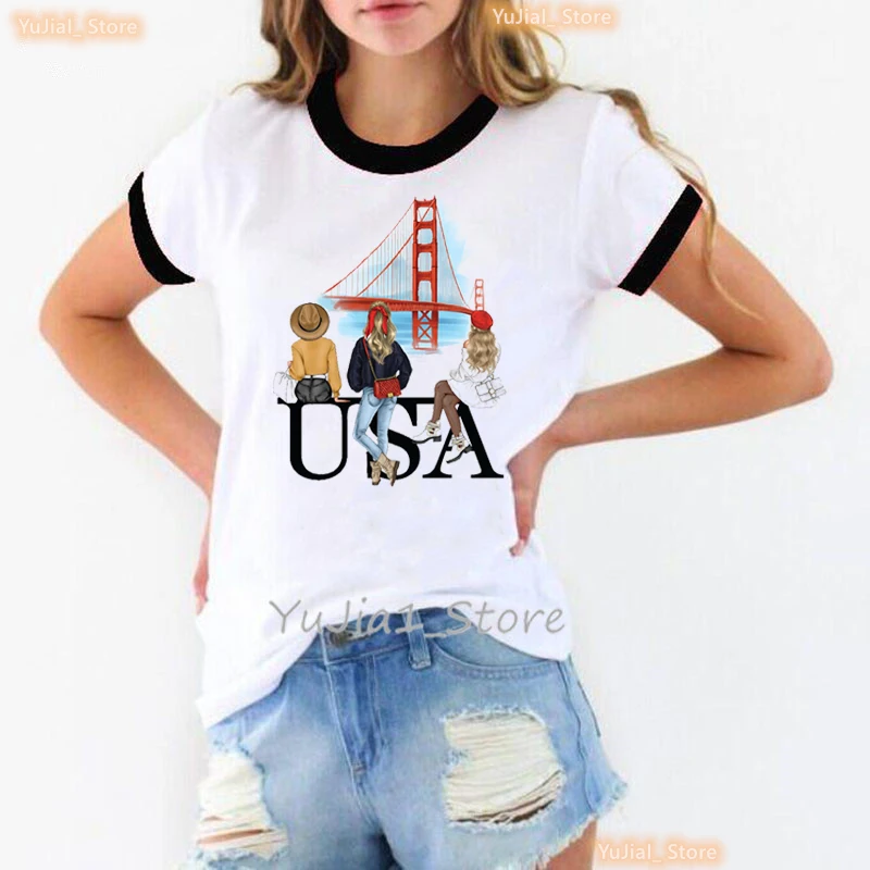 Traveling To Usa Graphic Printed Tshirt Women Paris Eiffel Tower Italy T Shirt Femme Summer Tops Short Sleeve T-Shirt Female