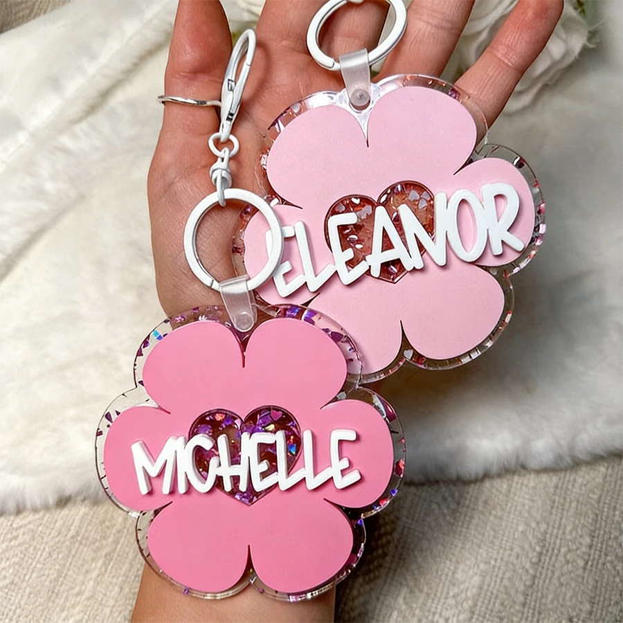 

Flower Shape Name Custom Acrylic 7cm Keychain Bag Charm 3D Nameplate Label Tag Personalized Key Ring Accessories Flashing Plate