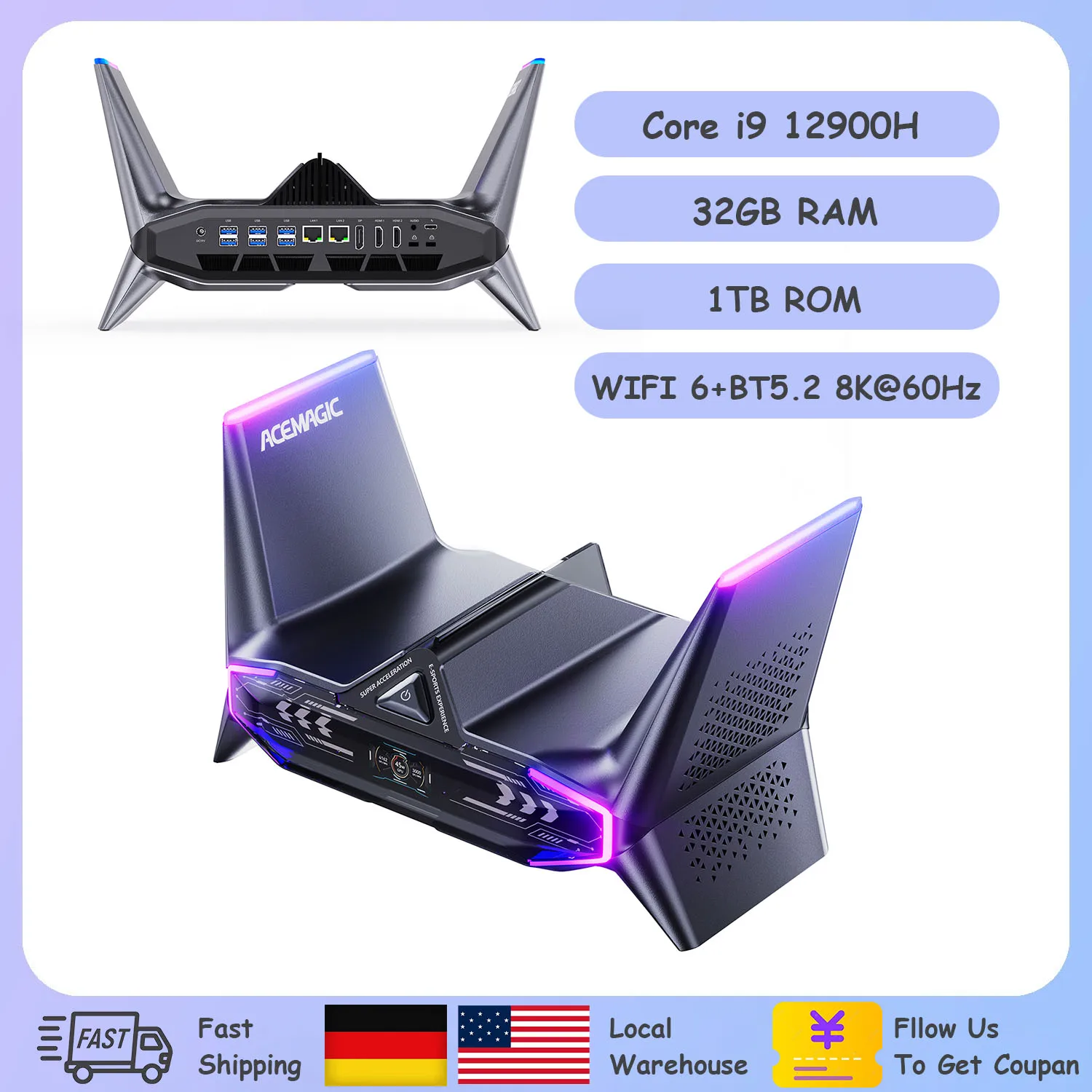 M2A Starship Mini Gaming PC I9-12900H(14C/20T สูงสุด 5.0GHz) RTX3080M กราฟิก 32GB DDR5 1TB NVME SSD WiFi 6 Dual 2.5G LAN 8K