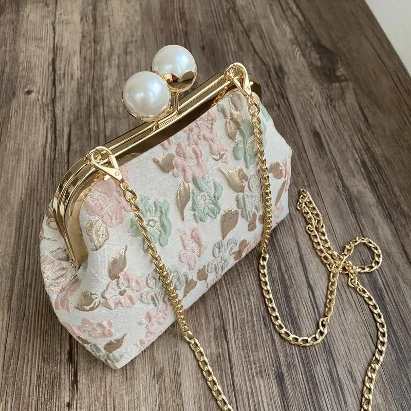 Bolso con cierre de concha con cuentas para mujer, bolsos de flores ahuecados, bolsos cruzados de hombro con cadena de moda Vintage, bolsos de