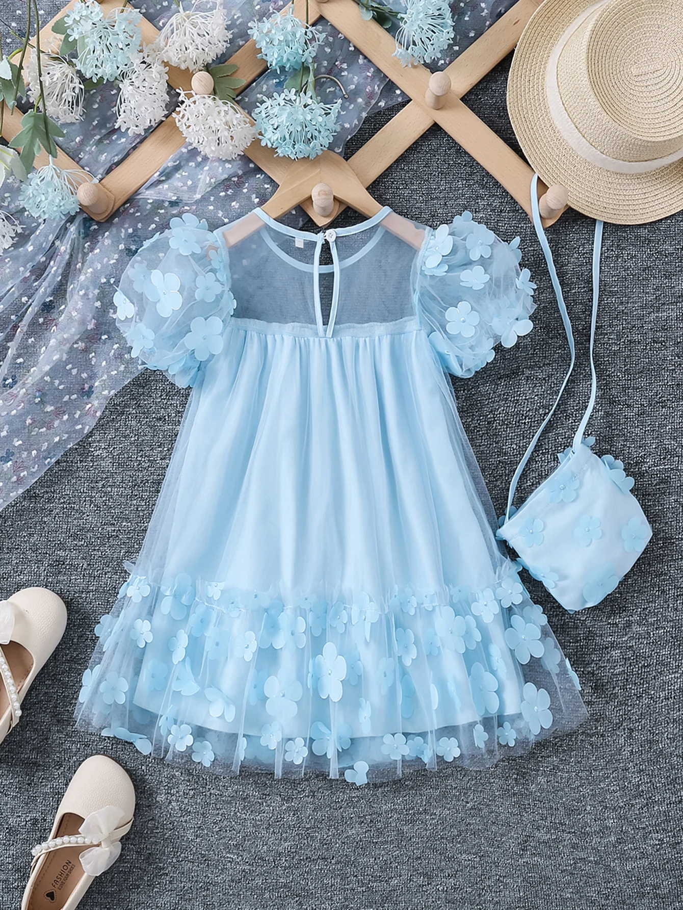Girls Summer Mesh Splicing Three-dimensional Flower Fashion Princess Dress with Crossbody Bag Dress