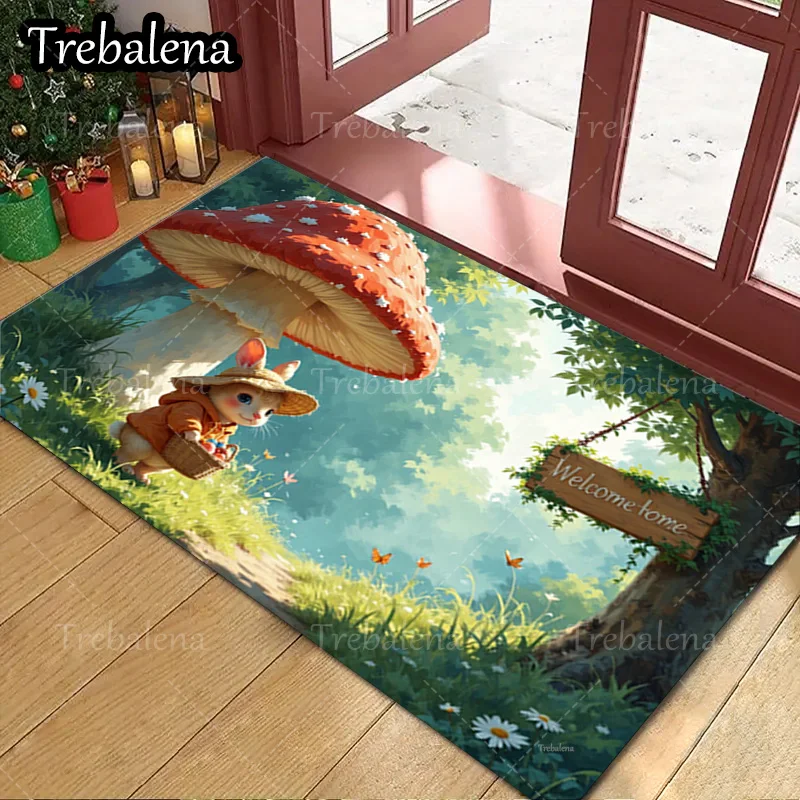 

1pc Welcome Door Mat Cute Cat Under Mushroom Welcome Mat Home Decor Floor Rug