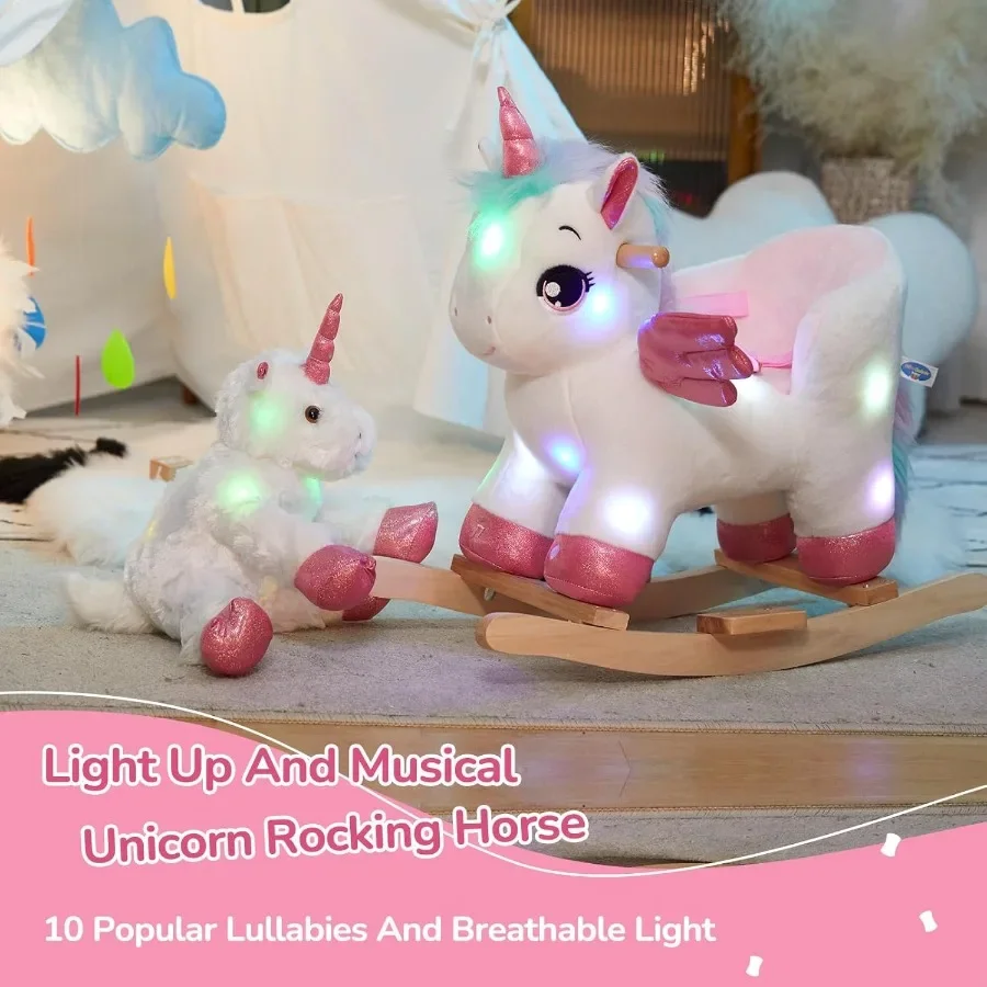 Light Up Musical Licorne Bébé Cheval à bascule Ensemble de 2 avec ceinture de sécurité Blanc Licorne Rocker Bébé Chaise à bascule Ride sur Licorne pour