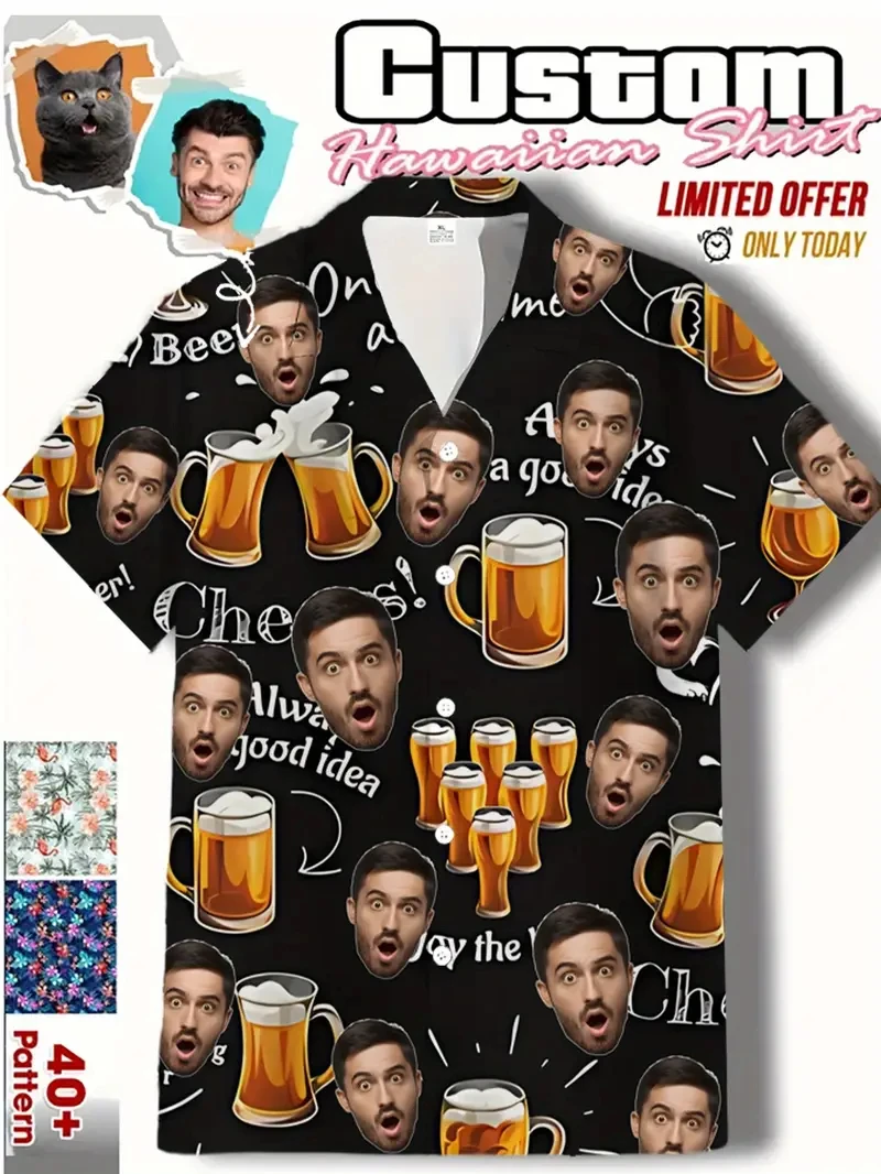 

2025 Custom Photo Face Beer Hawaiian Shirt Personalized Diy Text Men's Shirt Gift Mens Designer Shirts Customized Tops Unsiex