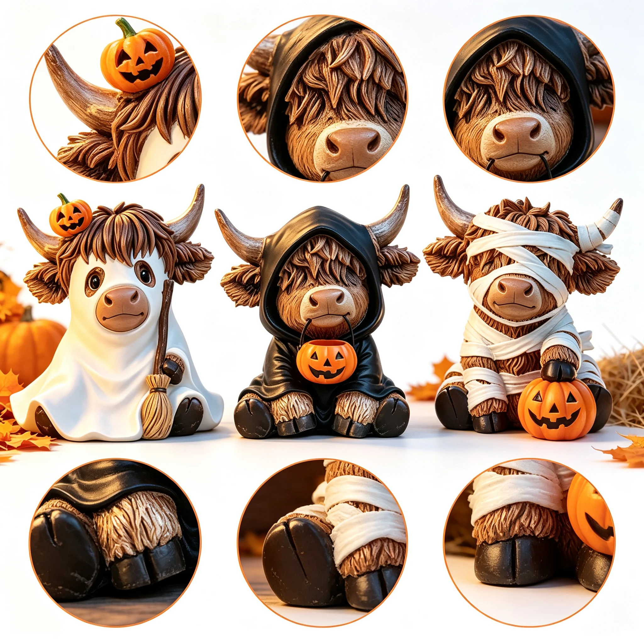 3 Halloween Highland Cow Statues, Cute Ghost Decorations, Hooded and Mummy Cow Statues with Pumpkin Decorations, for Layered Tra