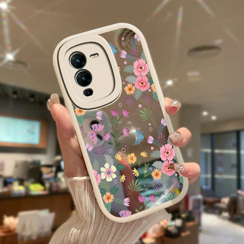 Floral Soft Frame Mirror Case For Vivo V27E V25 Pro V25E V23 V23E V15 Pro V11i S15 S12 S1Pro Shockproof Silicon Protective Cover