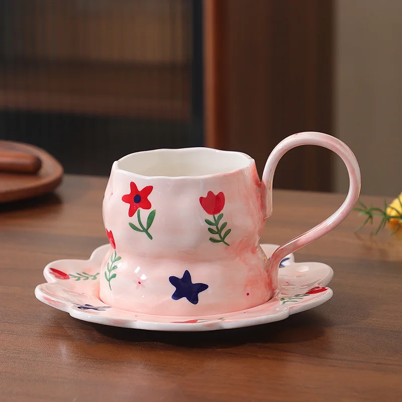 

Lace Hand-squeezed Coffee Cups and Saucers, Korean Hand-painted Underglaze Handmade Flower Ceramic Coffee Mugs Drinkware