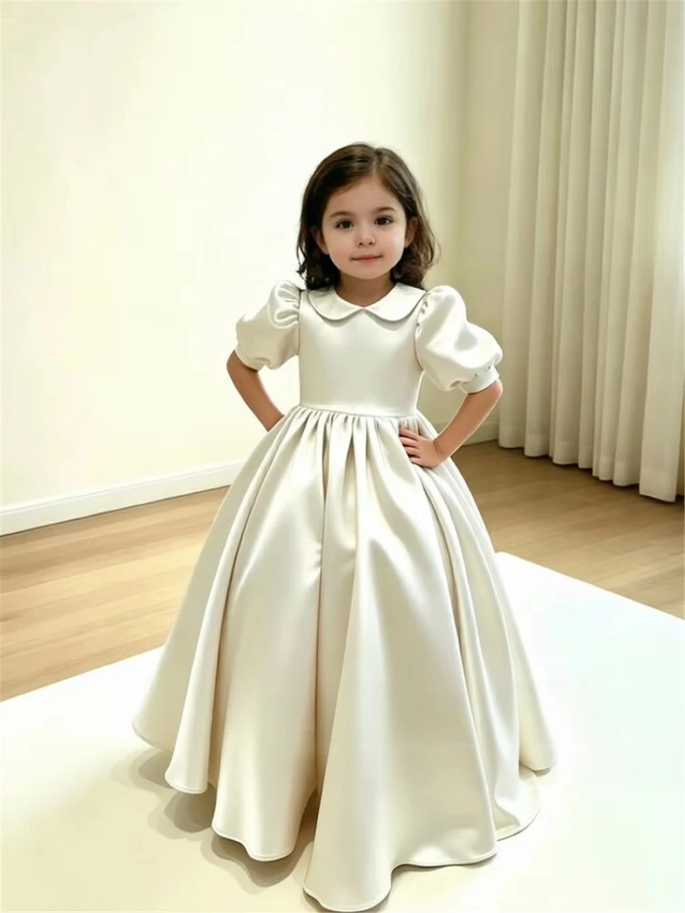 Flower Girl Dress Satin Peter Pan Collar Puff Sleeve Children Wedding Gown Ivory Long Kids Princess Dress Birthday Party Pageant