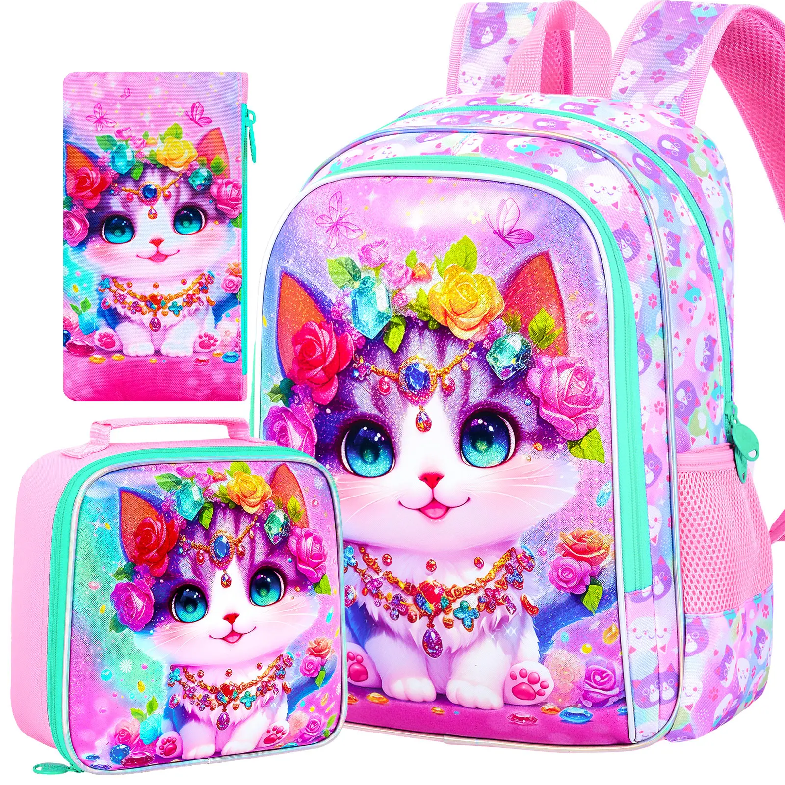 

3PCS" Cat Backpack for School, Girls Kids Bookbag with Lunch Box，3Pcs Backpacks for Elementary Preschool Kindergarten (Pink)