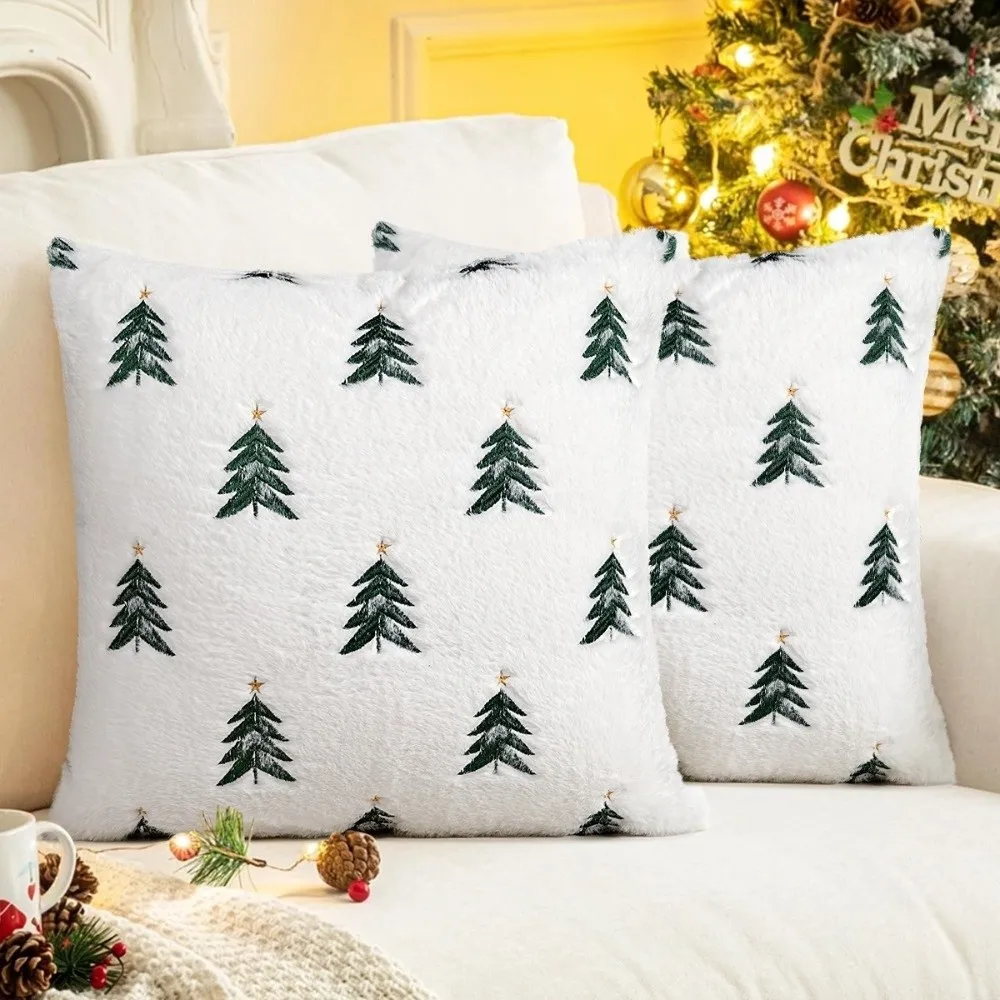 Soft Fluffy Christmas Pillow Cover Square Cozy Throw Pillow Cover No Pillow Core Xmas Tree Decorative Cushion Cover Bedroom