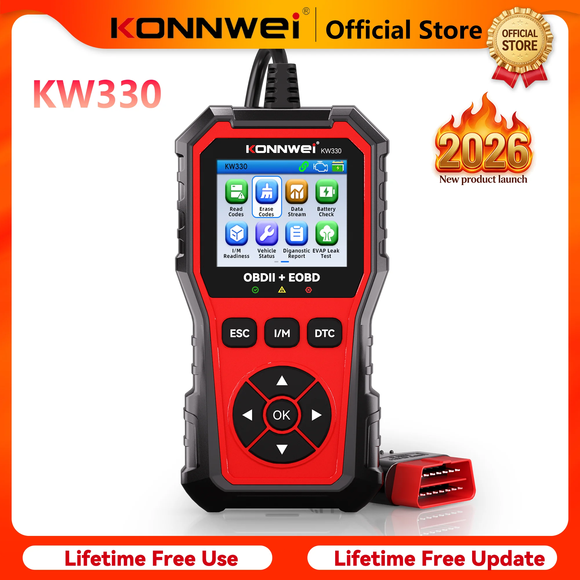 

2026 KONNWEI KW330 Professional Car OBD2 Diagnostic Tool Engine Battery Testing Fault Code Erase Real-Time Data Scanner Function