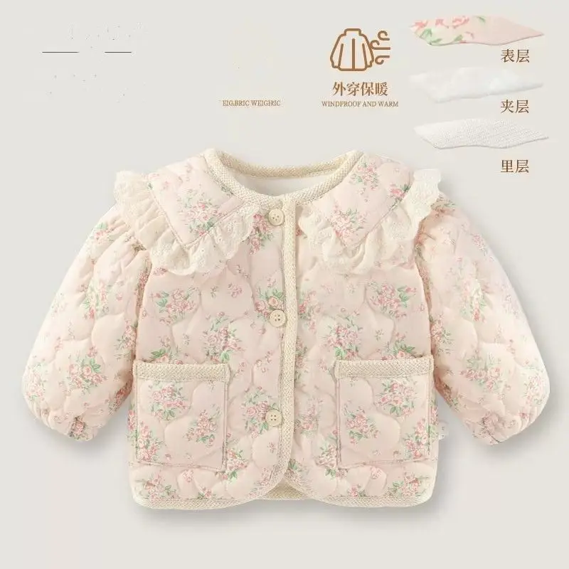 

Girls' cotton jacket with floral and plush thickened 2024 autumn/winter new children's lace baby doll collar winter outfit