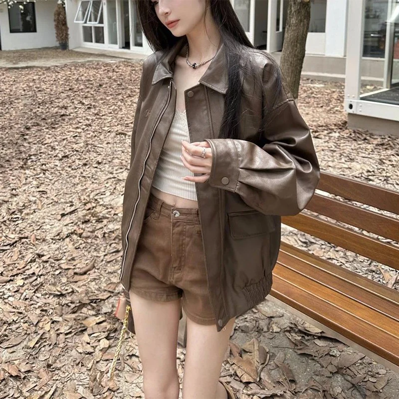 2025 New American Retro Faux Leather Jacket Women Autumn Y2K Long Sleeve Pu Jackets Woman Stylish Loose Zipper Moto Biker Coats