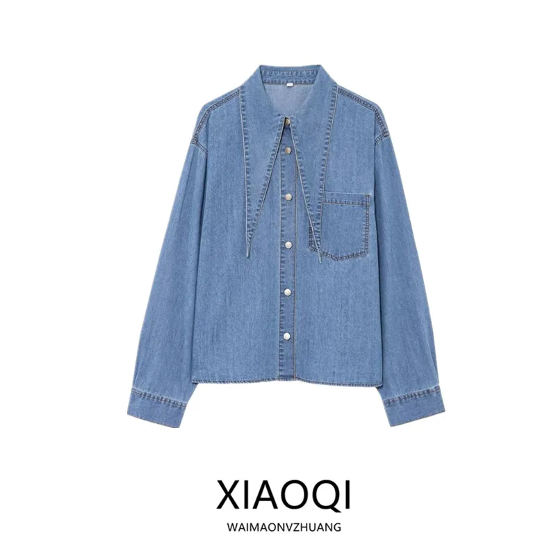 

Весна 2025: Новинка! Женская джинсовая рубашка с винтажным воротником на завязках, длинными рукавами, свободного кроя, универсальная, стандартная длина рукава.