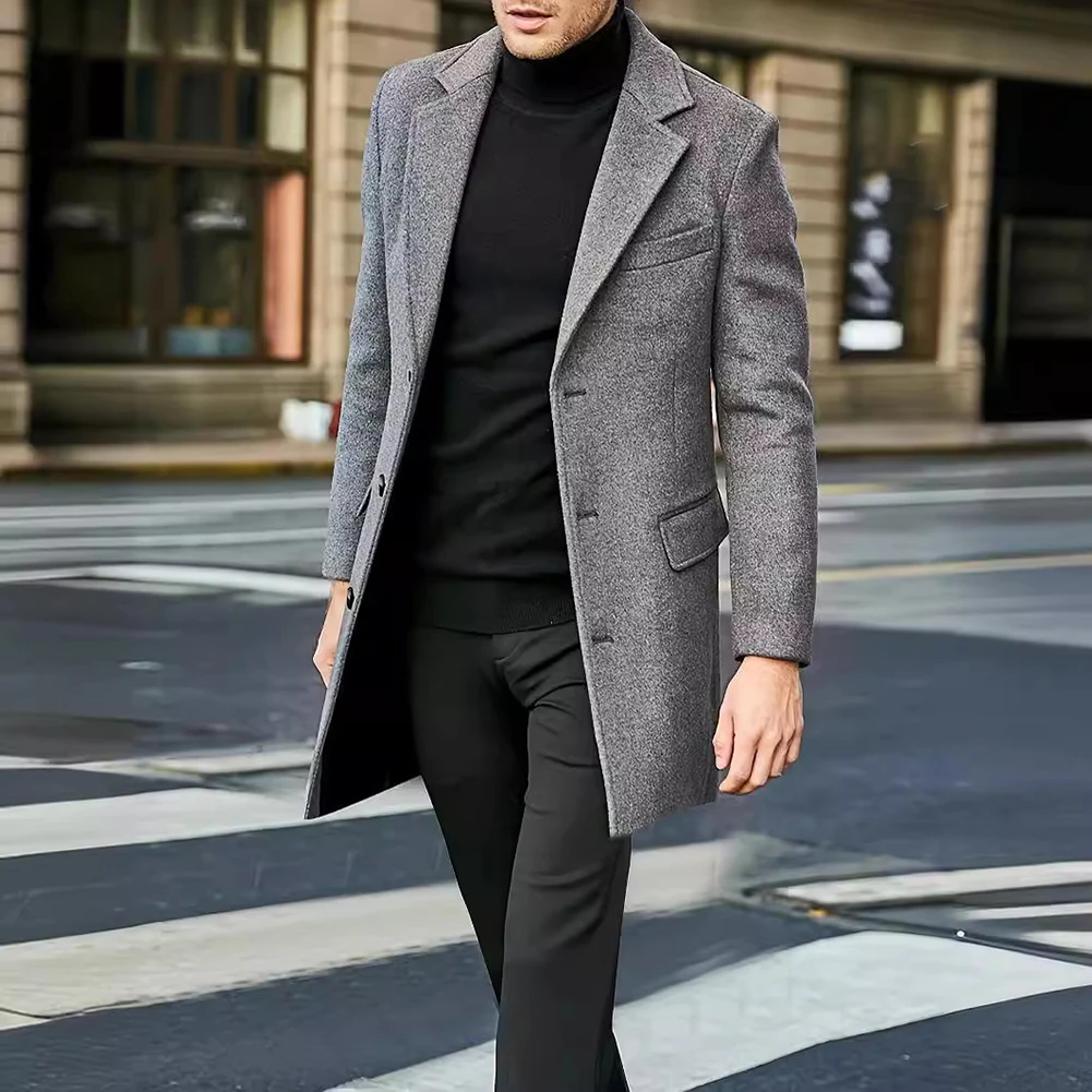 

Men Long Woolen Overcoats Casual Windbreaker Jacket Slim Fit with Lapel Neck Suitable for Daily Party and Holiday Use