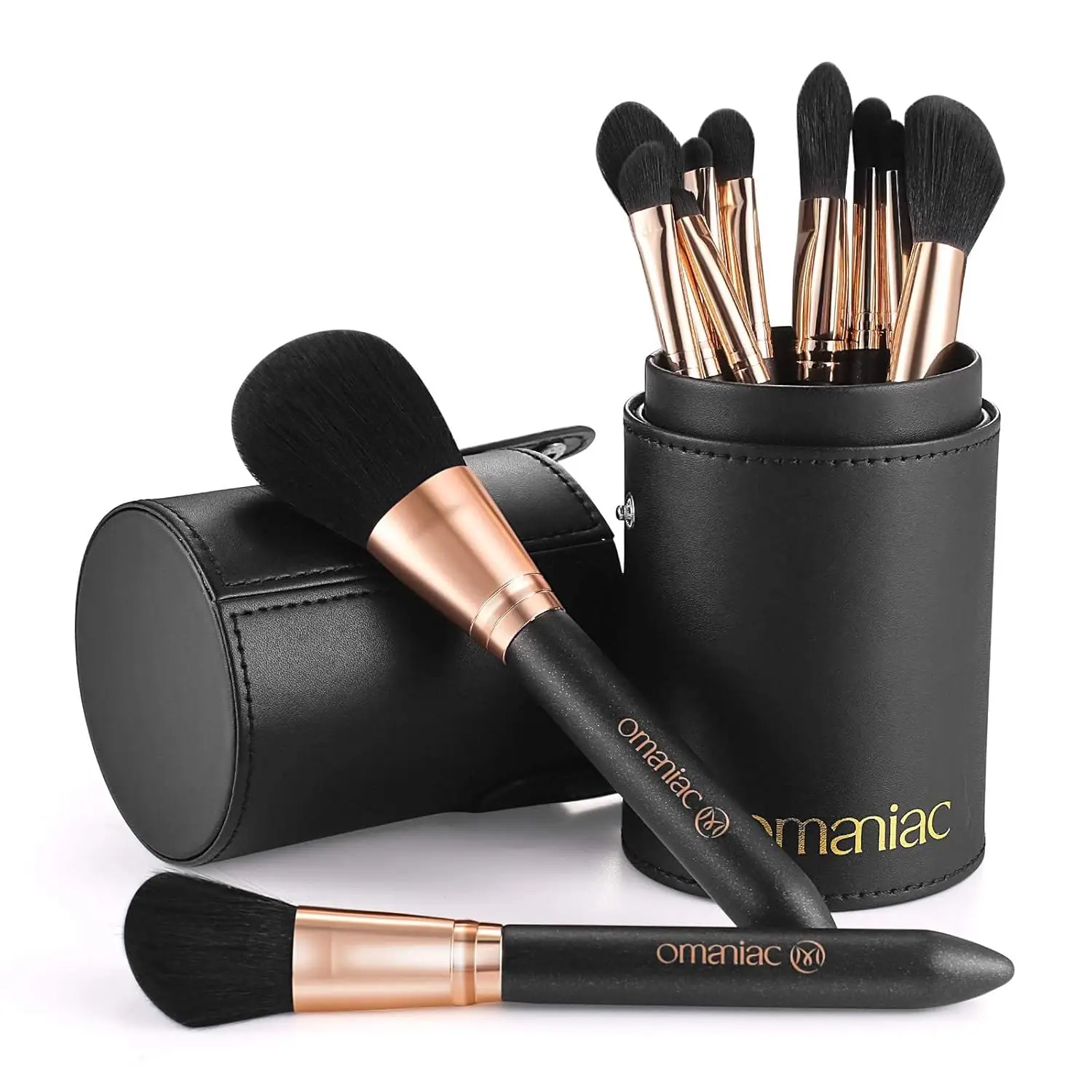 Professional 12-Piece Pearlescent Wood Handle Makeup Brush Set with Travel Case, Cruelty-Free Synthetic Fiber