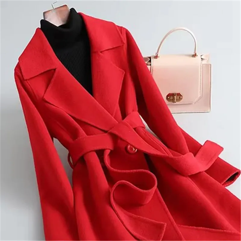 

Autumn 100% Double-Sided Cashmere Coat Women Fashion Mid-Length With Belt Slim Woolen Overcoat Femme Elegant Wool Jacket B1397