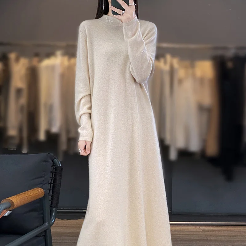 High Quality Women Loose Dress 100% Cashmere and Wool Knit V-neck Jumpers 2023 New Fashion Winter Lady  Pullovers NJ01