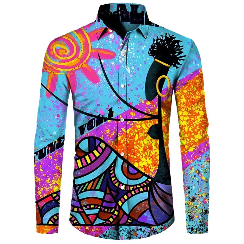 Kolorowy afrykański Dashiki nadruk koszula męska Retro etniczne długie rękaw klapa bluzka z guzikami nowa para odzież uliczna