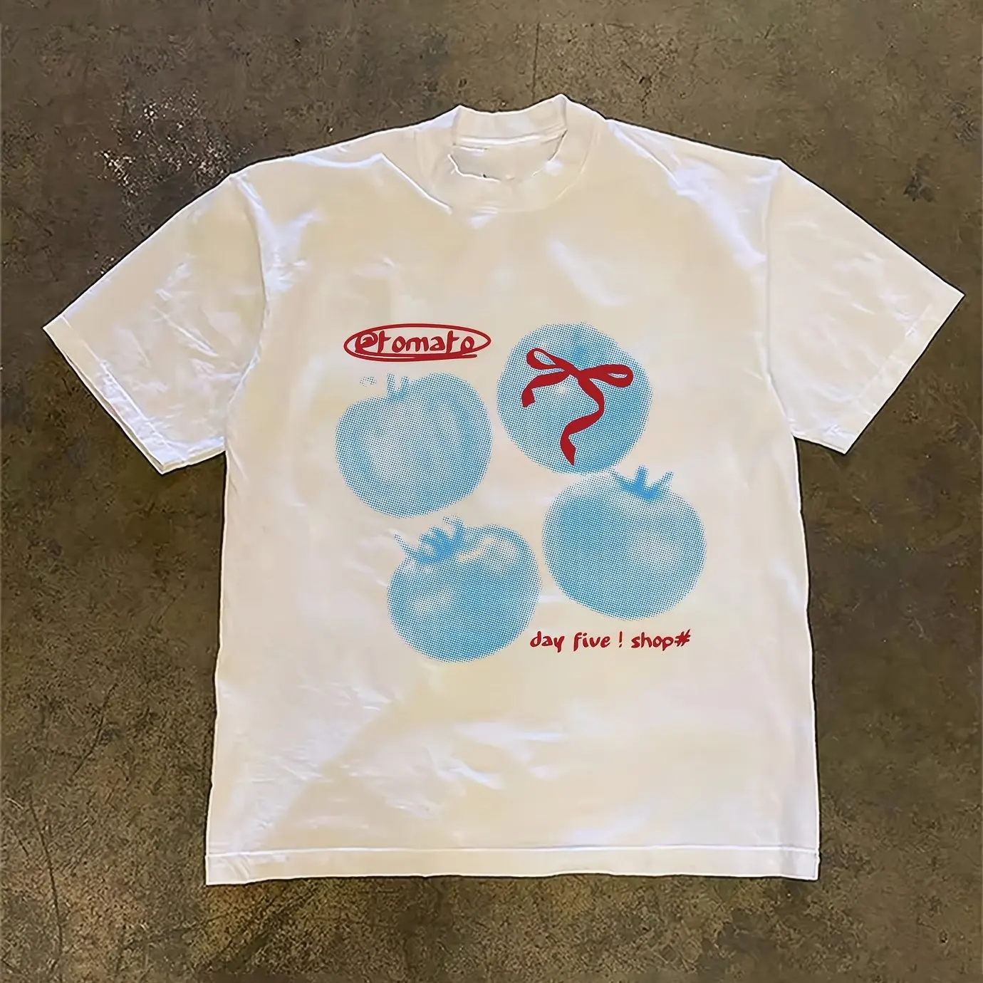Walking Directional Blue Plaid Apple Print Loose Top Summer Short-Sleeved Men'S and Women'S T-Shirt
