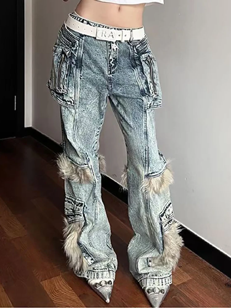 

Y2K Korea New Mao Mao Stitching Multi-pocket Tooling Jeans Women Streetwear Vintage Hip Hop Spice Girls Micro-pull Mop Pants