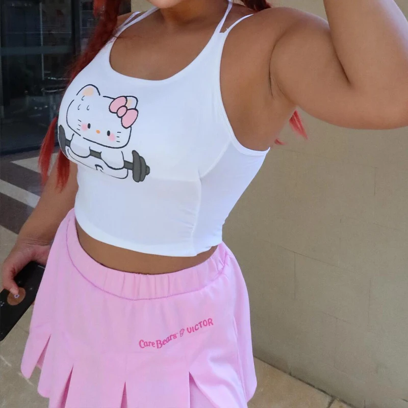 Sanrio Fashion Sports Tank Top Kawaii Hello Kitty Weightlifting Pattern With Chest Mat Top Casual Fitness Hanging Neck Tank Top