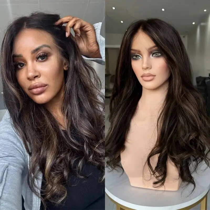 

Middle Part Wig Ombre Brunette Brown Synthetic Lace Front Wig Preplucked Hairline HD Transparent Lace Glueless Wig for Women