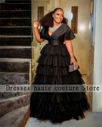 Aso Ebi Black Prom Dresses Arabia Tiered Tulle Ruffles Short Sleeves Evening Dresses Robe De Soiree Party Dress Customized