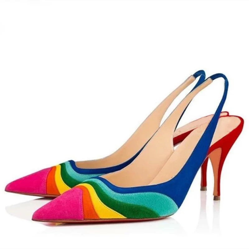 

Sexy Rainbow Colorful Suede Patchwork Pumps Ladies Kitten Heels Pointed Toe Female Back Strap Mixed color Banquet Dress Shoes