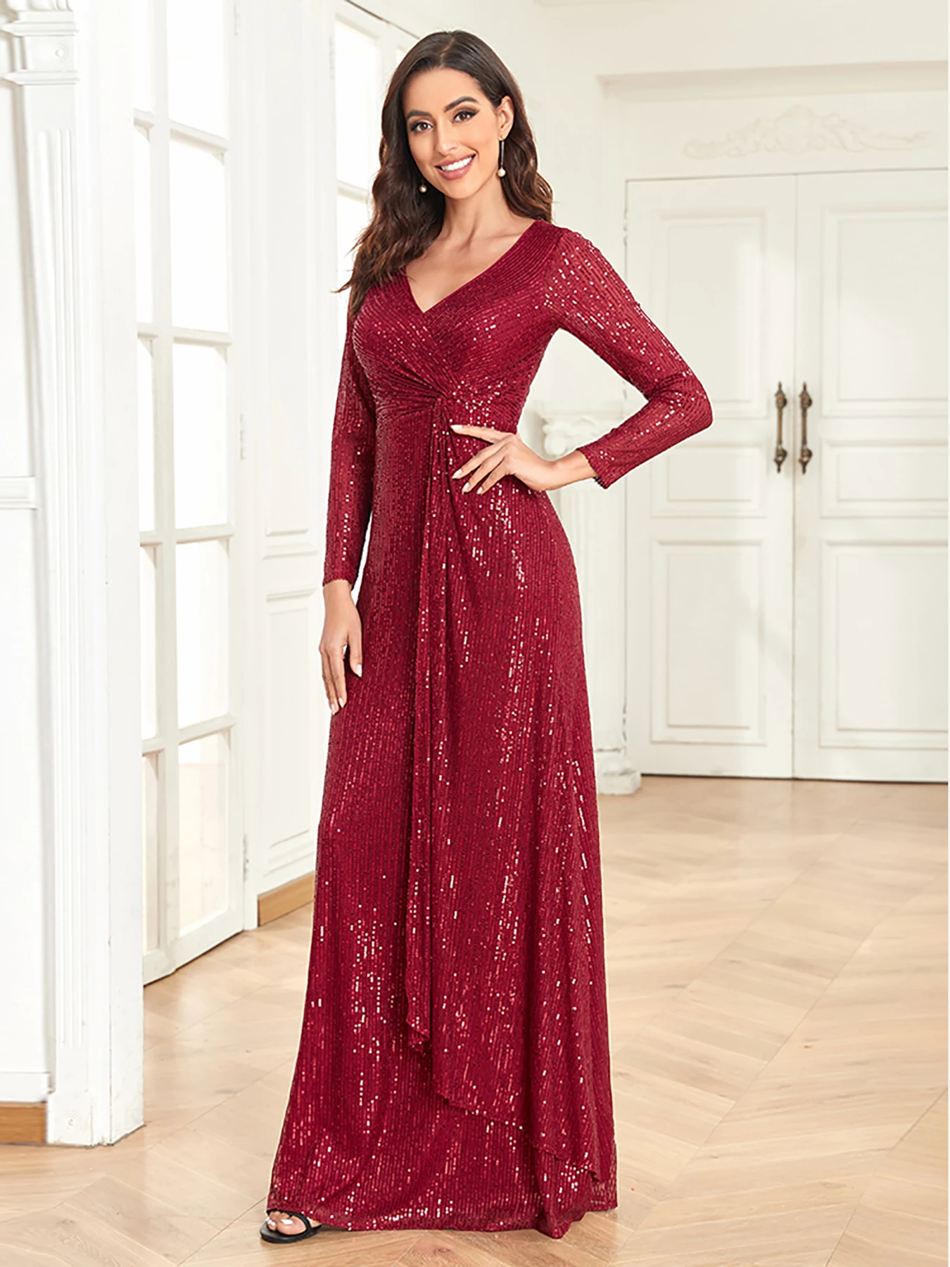 Lucyinlove-Robe de Soirée de Luxe à Manches sulfet Col en V pour Femme, Tenue de Bal et Cocktail à Paillettes pour Invités, 2024