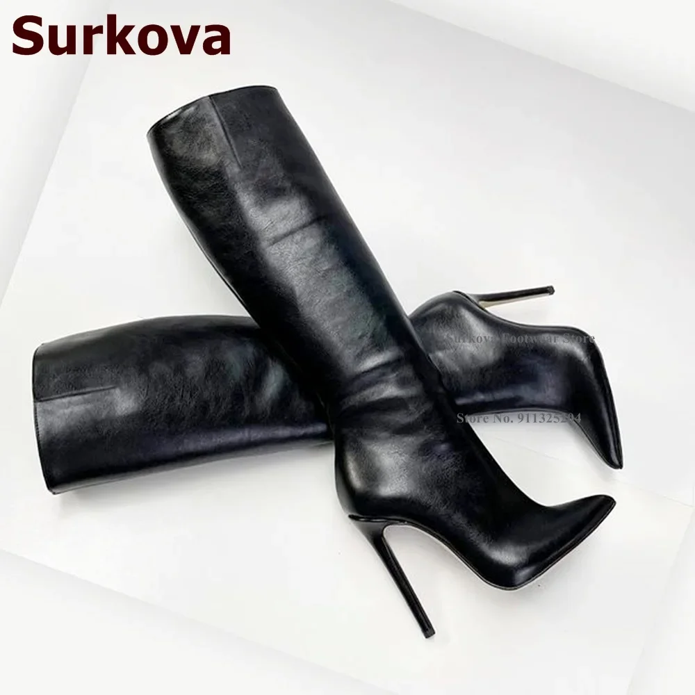 Surkova Red Black Matte Thin High Heel Over-the-knee Boots Pointed Toe Simple Model Fall Winter Outdoor Dress Shoes Size46