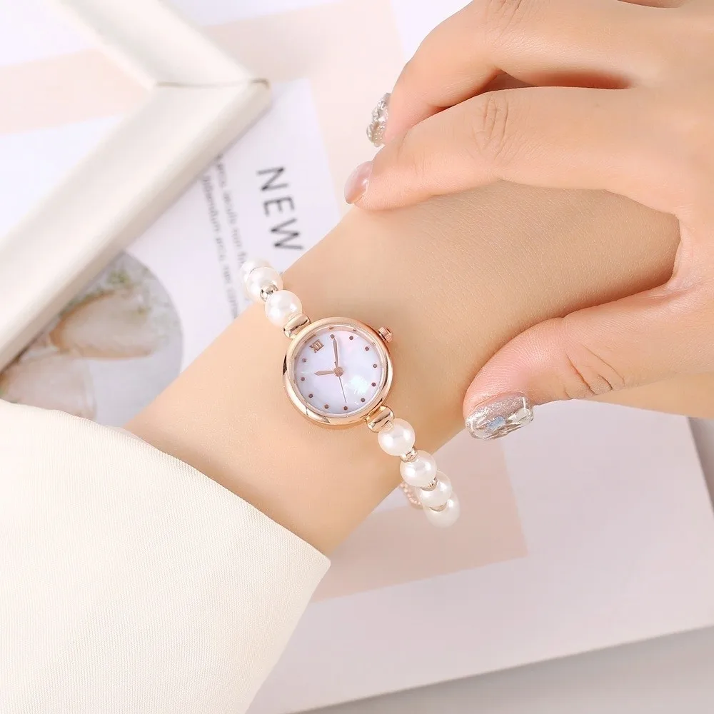 Round Dial Pearl Bracelet Watch Elegant Adjustable Drawstring Chain Women Quartz Watch Minimalist Roman Numeral Small Dial Watch