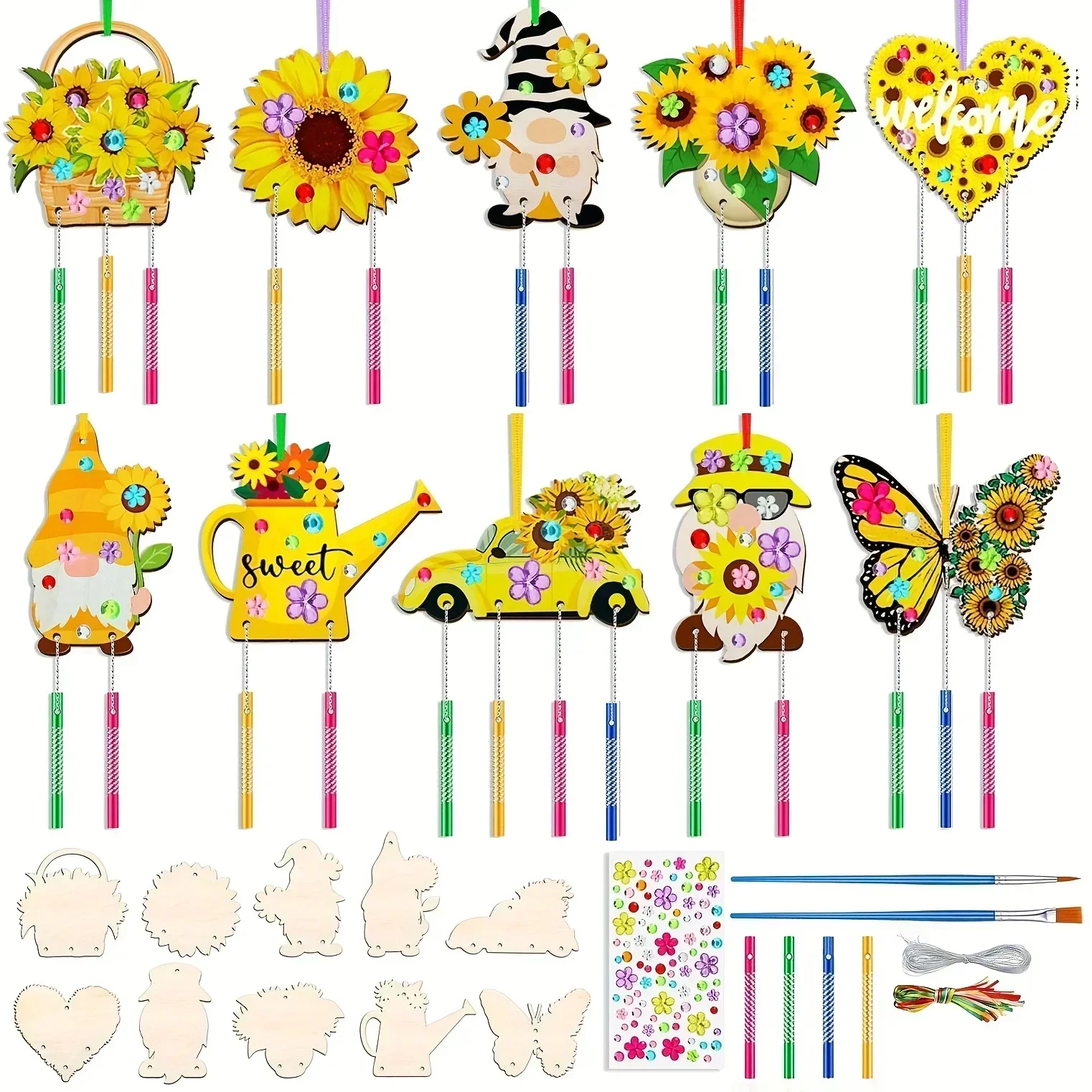 2026-1Set 2026 Latest High Quality Unfinished Wooden Sunflower Wind Chimes DIY Craft for Valentines Day Home Decor