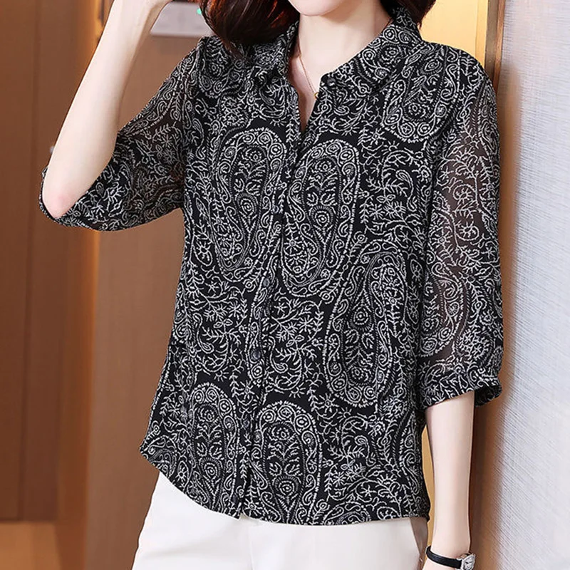 Vintage Casual Fashion Printing Patchwork Button Shirt Summer 2023 New Polo-Neck Three Quarter Sleeve Loose Tops Ladies Clothing