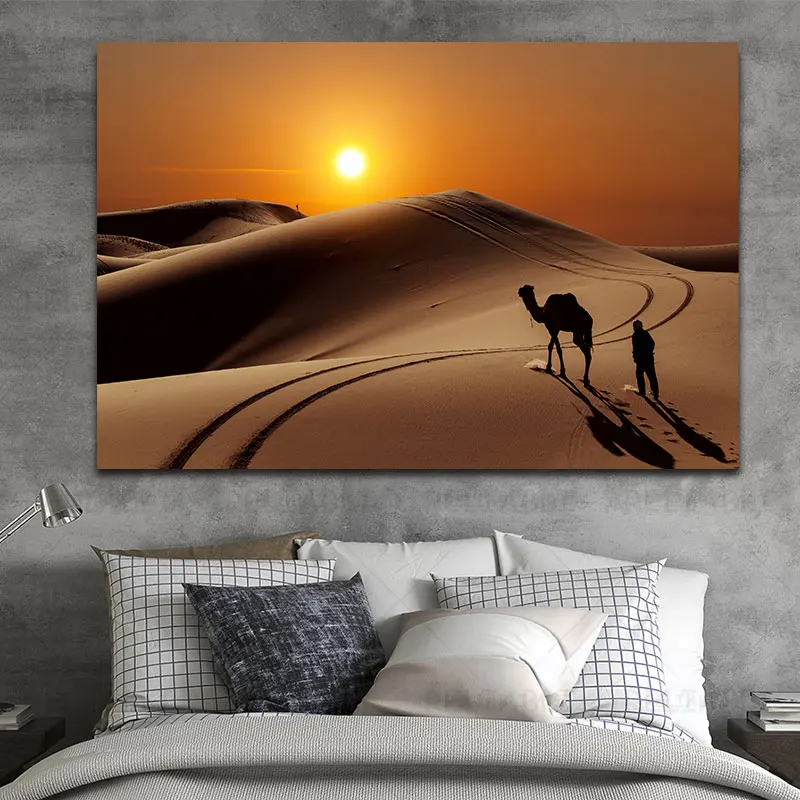Camel with Herdsman in the Sahara Desert Landscape Wall Prints Wall Art Morocco Desert Canvas Painting for Living Room Decor