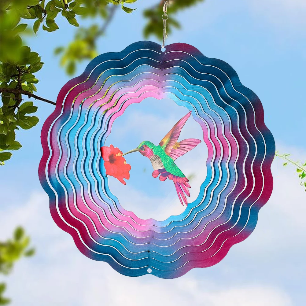 Red and Blue Gradient Outer Ring Wind Spinner Colourful Hummingbird Wind Chime Outdoor Garden Bird Repeller Yard Hanging Decor