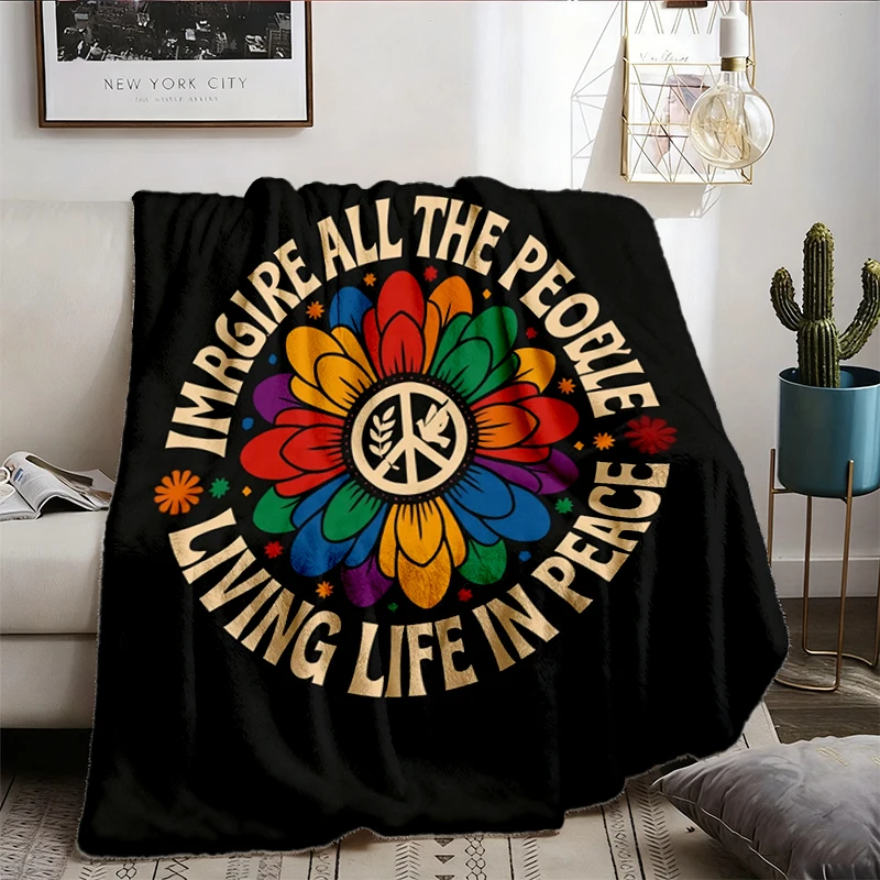 Imagine All The Peoele Living Life In Peace Warm Blanket, Floral Daisy Peace Sign Soft Blanket, Hippie Comfy Blanket, Y2