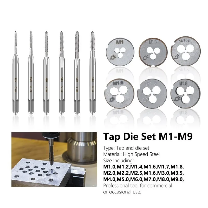 M1-M9 Right Hand Thread Tap and Die Set Metric Plug Tap Die HSS Machine Threading Tool Screw Thread Tap Drill Die Set 2pcs