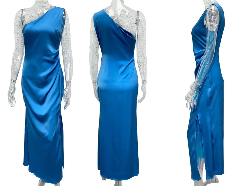 2026 Damen Sommer Sexy Party Einfarbiges Ärmelloses Rückenfreies Langes Kleid mit Hohem Schlitz Satin Maxi-Abendkleid für Hochzeitsgäste Cocktail-Events – Detail 5