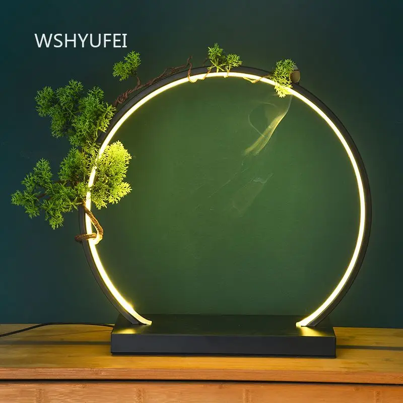 Zen LED Circle Lamp with Artificial Bonsai Tree and Backflow Incense Burner Desk Lamp Ornament Base for Home Meditation Decor