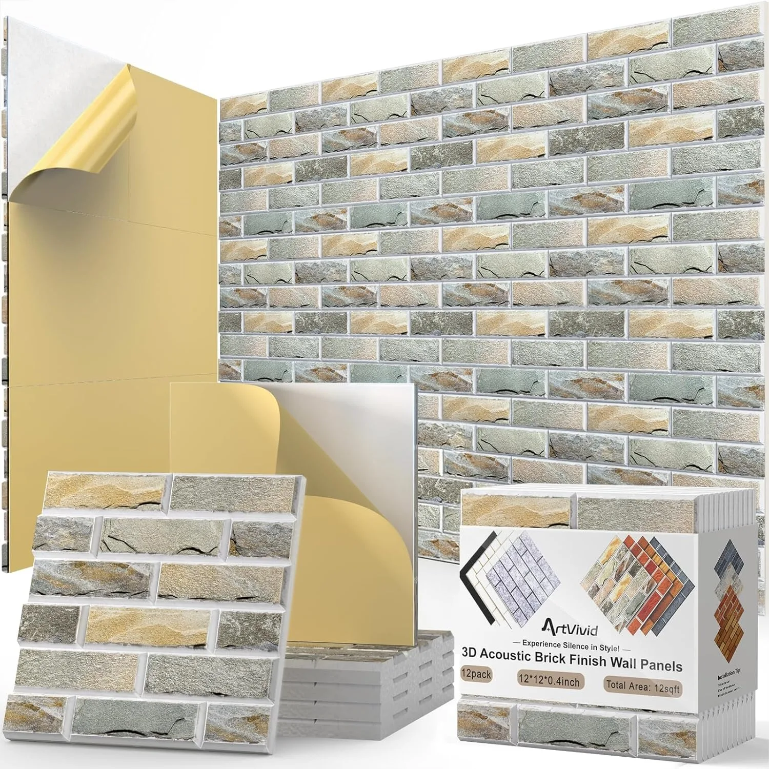 

12-Pack Acoustic Panels, Self-Adhesive 3D Brick Pattern Soundproof Wall Panels, High-Density Polyester for Recording Studios