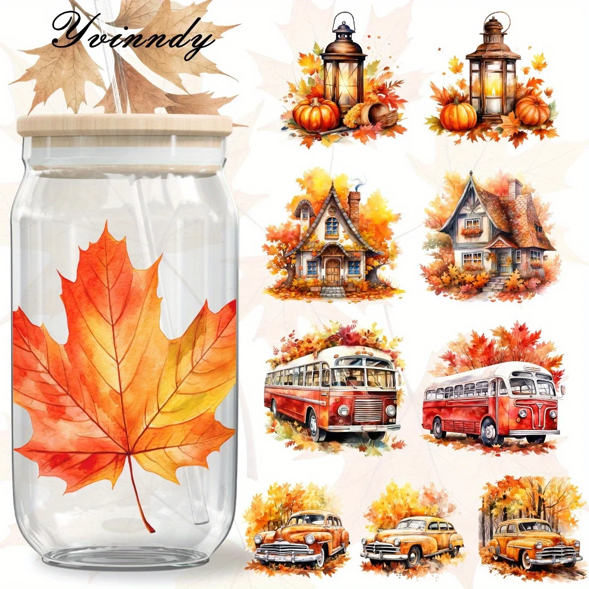 

5 шт./компл., осенняя сцена, 16 унций, стеклянная банка, переводная бумага, УФ- DTF, высокая самоклеящаяся переводная бумага для украшения чашек