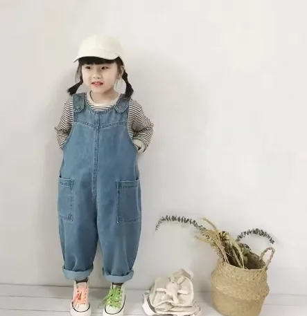 

New Summer Denim Baby Girl Boy Overalls Solid Jeans Jumpsuit Pocket Children Casual Loose Rompers Blue Kids Overalls Outfits